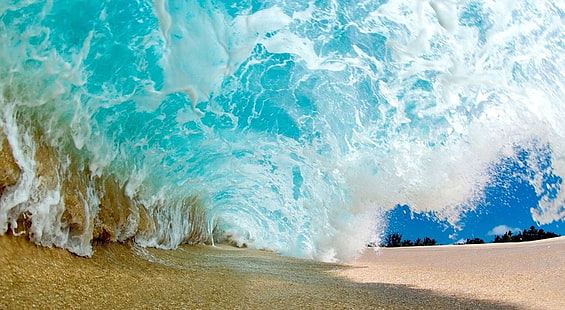 природа, фотография, пейзаж, волны, море, песок, туннель, пляж, пена, голубой, HD обои HD wallpaper