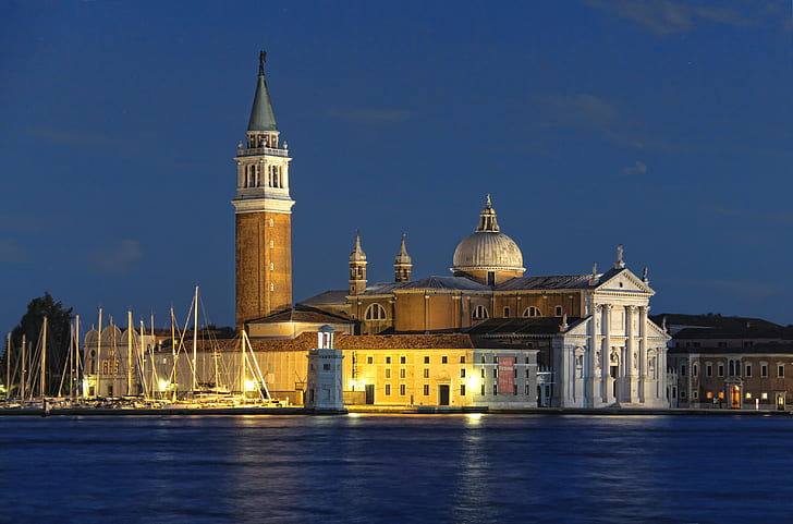 photo of white and brown cathedral, venice, venice, Nightfall, photo, white, brown, cathedral, Venice  Italy, island  blue, blue  hour, water, marina, tower, church, basilica, dome, San  Giorgio  Maggiore, evening, architecture, famous Place, travel, HD wallpaper