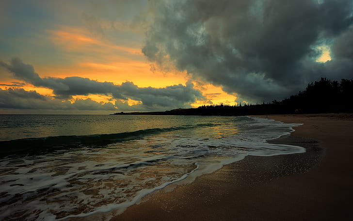 nuages, plage, mer, océan, eau, soir, coucher de soleil, Fond d'écran HD