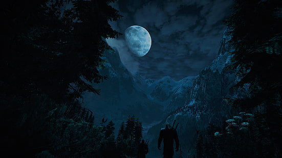 Человек в лесу, Иллюстрация, Ведьмак, Ведьмак 3: Дикая Охота, ночь, Луна, видеоигры, фэнтези-арт, HD обои HD wallpaper