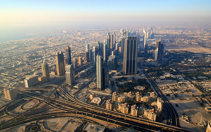 град, градски, градски пейзаж, въздушен изглед, небостъргач, път, Дубай, HD тапет