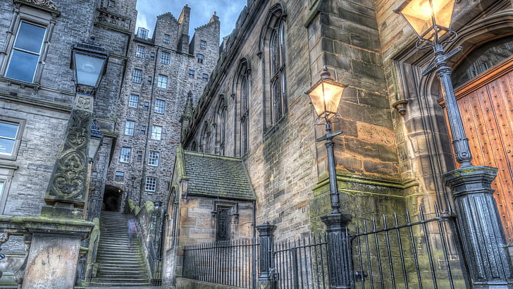 arquitetura, construção, edifício antigo, Edimburgo, Escócia, Reino Unido, rua, escadas, lâmpada, noite, HDR, antiga, histórico, HD papel de parede