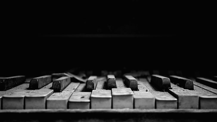 tuts piano, fotografi skala abu-abu dari piano, piano, alat musik, monokrom, debu, musik, makro, gelap, Wallpaper HD