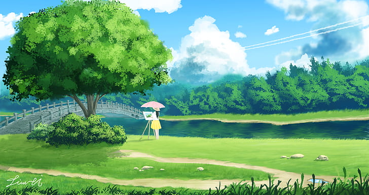Anime, Original, Girl, Greenery, Tree, Umbrella, HD wallpaper