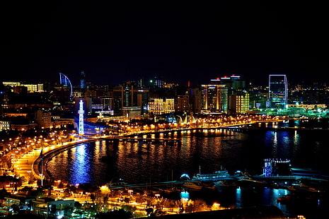 городские здания в ночное время, ночь, Азербайджан, Баку, HD обои HD wallpaper