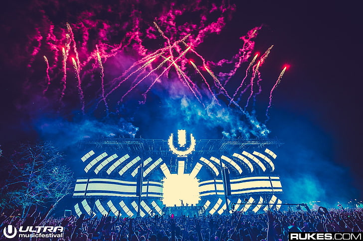 Ultra Music Festival, Rukes, stages, lights, photography, fireworks, crowds, music, HD wallpaper