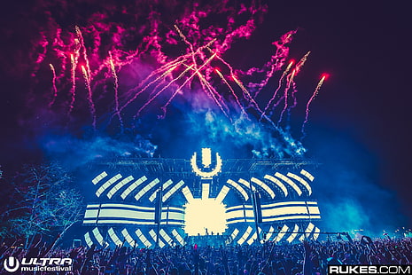 Ultra Music Festival, Rukes, stages, lights, photography, fireworks, crowds, music, HD wallpaper HD wallpaper