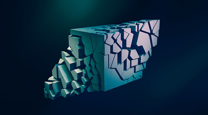 Shattered Abstract 3D Cube, gray wall paper, Artistic, 3D, abstract, blue, dark, green, render, blender, reflection, structure, art, blur, focus, 4k, hd, ultra hd, ultrahd, cube, shatter, shattered, light, shadow, HD wallpaper