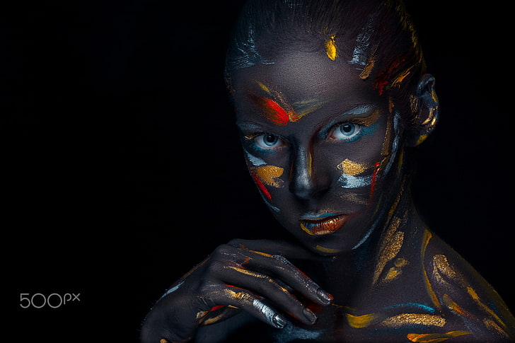 body paint, colorful, dark, Volodymyr Melnyk, 500px, face, women, HD wallpaper