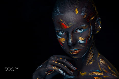body paint, colorful, dark, Volodymyr Melnyk, 500px, face, women, HD wallpaper HD wallpaper