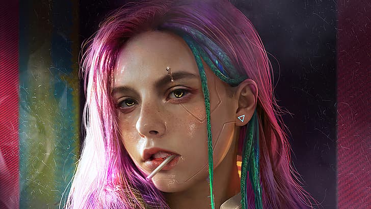 Kunstwerk, Cyberpunk, Cyberpunk 2077, rosa Haare, gefärbtes Haar, Science Fiction, HD-Hintergrundbild