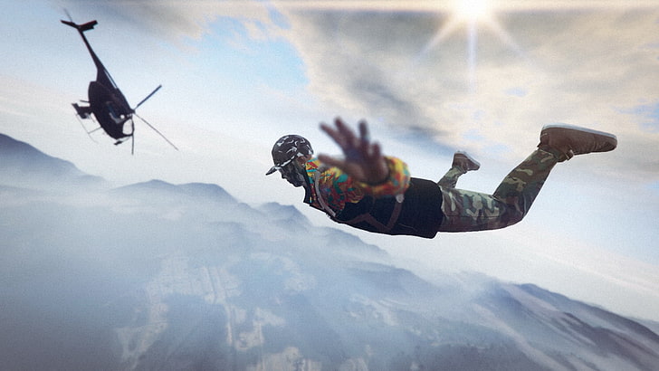 Grand Theft Auto V, Grand Theft Auto Online, Rockstar Games, parachutes, helicopters, fall, mountains, HD wallpaper
