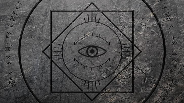 Illuminati, runes, viking, circle, square, eyeball, line art, stone, dark, gray, texture, textured, HD wallpaper