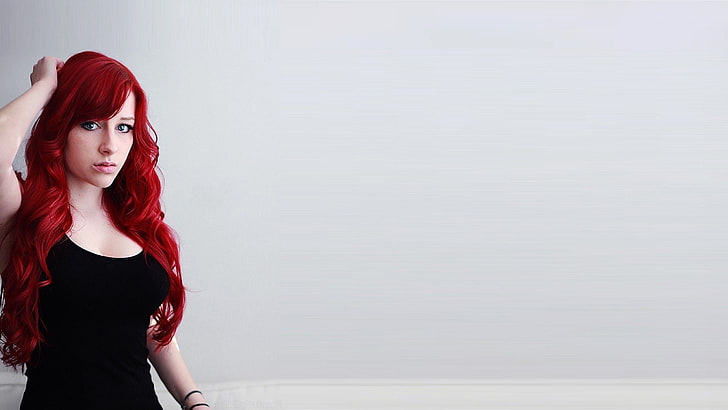 women's black scoop-neck shirt, Sofia Wilhelmina, redhead, blue eyes, black clothing, face, long hair, black tops, looking at viewer, simple background, HD wallpaper