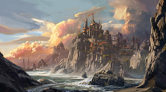 Фантазия, град, сграда, замък, облак, крайбрежие, небе, HD тапет HD wallpaper