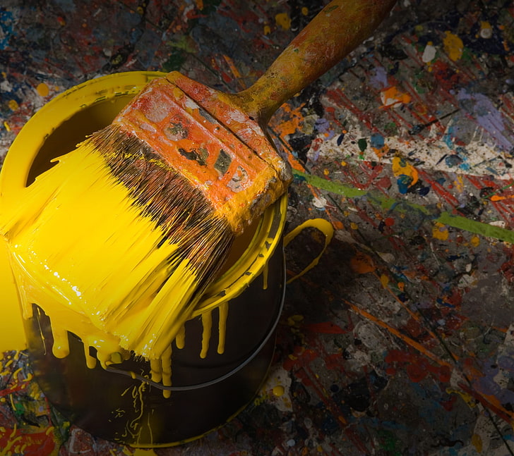 yellow, painting, paint splatter, paintbrushes, paint can, HD wallpaper