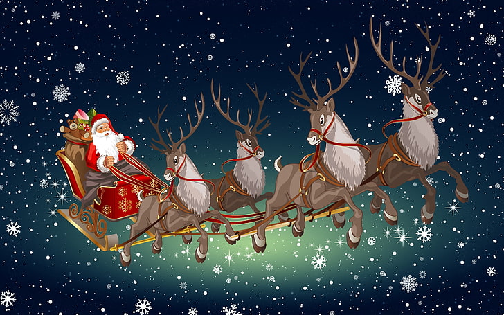 Илюстрация на Дядо Коледа и елените, Зима, Минимализъм, Сняг, Фон, Нова година, Дядо Коледа, Празник, Елен, Дядо Коледа, Настроение, Шейна, HD тапет