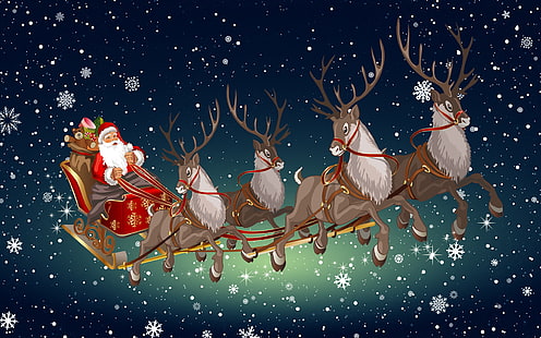 Illustrazione di Babbo Natale e renne, inverno, minimalismo, neve, sfondo, anno nuovo, Santa, vacanze, cervi, Babbo Natale, umore, slitta, Sfondo HD HD wallpaper