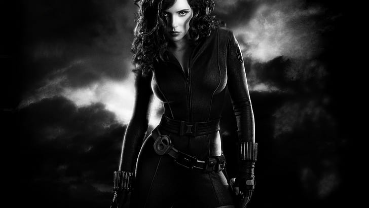 Iron man 2 veuve noire, photo en niveaux de gris de femme en costume, noir, fer, veuve, noir et blanc, Fond d'écran HD