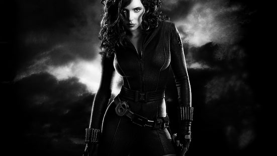 Iron man 2 veuve noire, photo en niveaux de gris de femme en costume, noir, fer, veuve, noir et blanc, Fond d'écran HD HD wallpaper