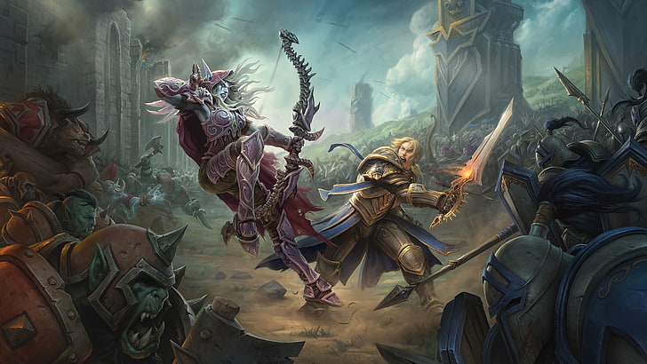 Fondo de pantalla de Warcraft, World of Warcraft: Battle for Azeroth, Sylvanas Windrunner, Anduin Wrynn, videojuegos, World of Warcraft, Alliance, horde, artwork, fantasy art, digital art, archer, sword, orcs, Fondo de pantalla HD