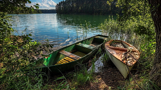 water, lake, shore, boat, rowing boat, lakeside, lakeshore, bank, boats, plant, pond, HD wallpaper HD wallpaper