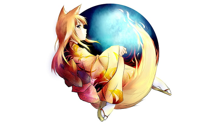 Mozilla Firefox, browser tan, ragazza volpe, kimono, Sfondo HD