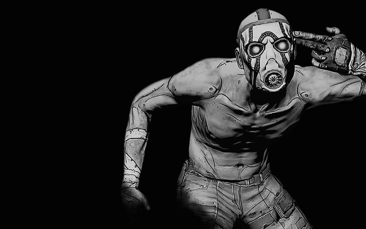ilustracja mężczyzna z maską gazową, Borderlands, Borderlands 2, monochromatyczny, gry wideo, Tapety HD