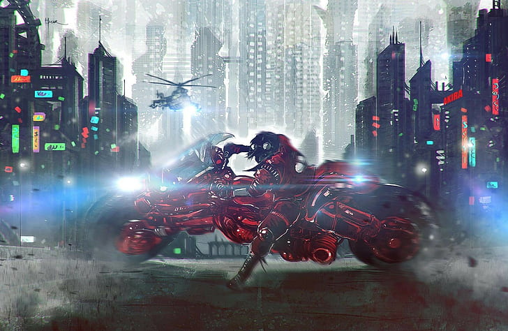 Akira, motocicleta, cyberpunk, helicópteros, garotos anime, HD papel de parede