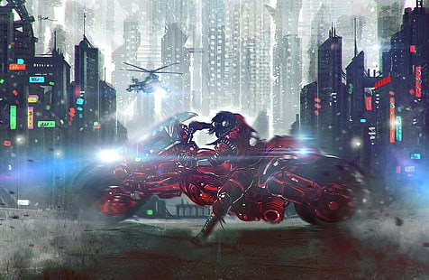 Akira, motocicleta, cyberpunk, helicópteros, garotos anime, HD papel de parede HD wallpaper