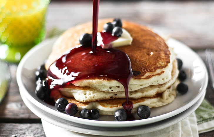 pancake with blackberry syrup, pancakes, fritters, jam, stream, sauce, HD wallpaper