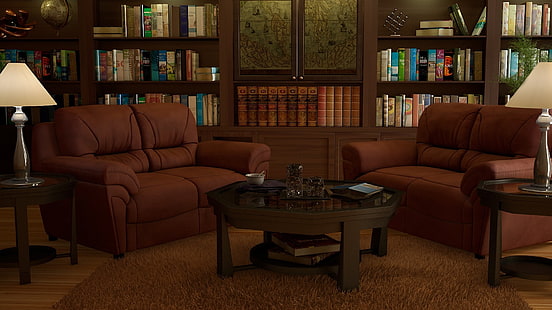 две кафяви любовни седалки, изобразяване, лампа, стая, килим, книги, карта, интериор, изкуство, гардероб, библиотека, офис, глобус, дивани, рафтове, HD тапет HD wallpaper