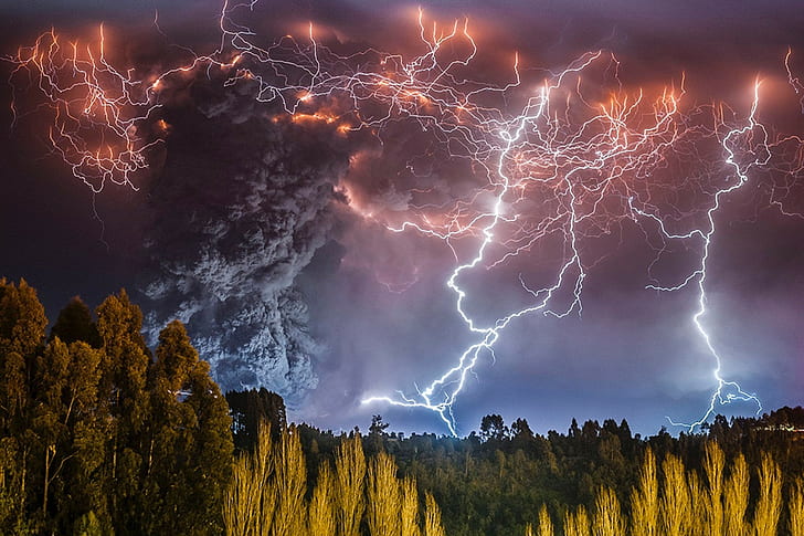 photography nature landscape lightning storm forest volcano night eruption chile, HD wallpaper