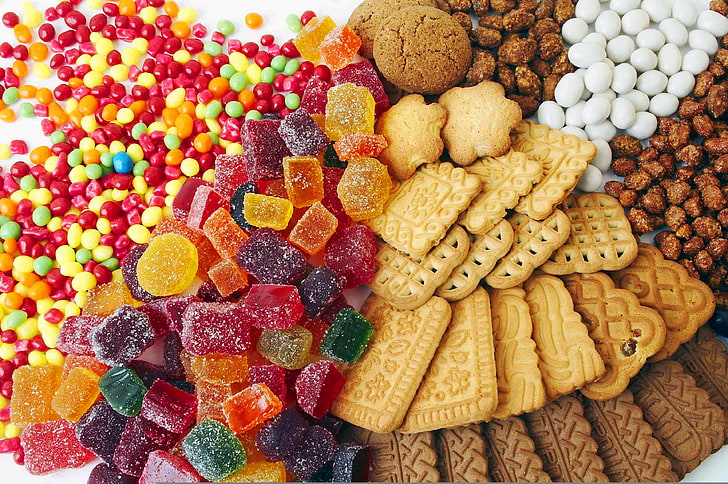 разнообразие от закуски, цвят, бисквитки, бонбони, сладки, цветни, мармалад, HD тапет
