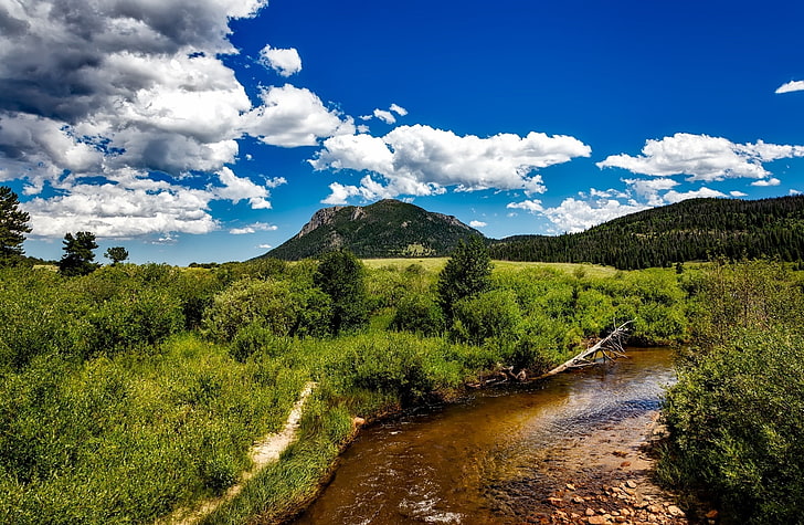 Rocky Mountain National Park hikes, Colorado, green grass field, United States, Colorado, Travel, Nature, Valley, Stream, Outdoor, Clouds, Creek, Vacation, bluesky, nationalpark, RockyMountain, HD wallpaper