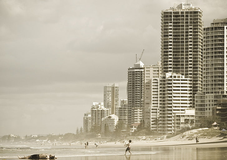 cityscape, beach, people, low saturation, Surfers Paradise, sepia, HD wallpaper
