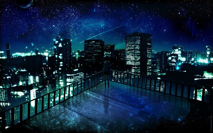 woman standing on building digital wallpaper, man looking at the buildings during nighttime, cityscape, stars, anime, building, night, HD wallpaper