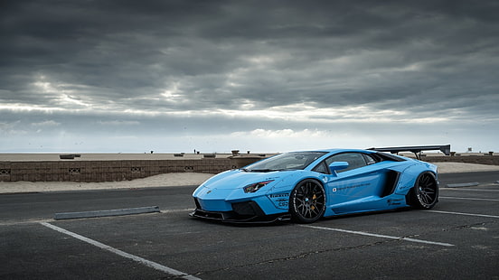blå Lamborghini Aventador, Lamborghini, Lamborghini Aventador, LB Performance, bil, blå bilar, Liberty Walk, widebody, HD tapet HD wallpaper