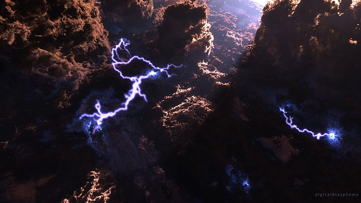 mountain lightning, artwork, fantasy art, digital art, storm, lightning, clouds, HD wallpaper