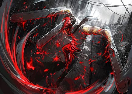 Chainsaw Man, Denji (Chainsaw Man), sangue, beco, vermelho, chuva, HD papel de parede HD wallpaper