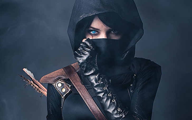 foulard nero da donna, ninja, donne, frecce, cosplay, ladro, scambio di genere, Lyz Brickley, Sfondo HD