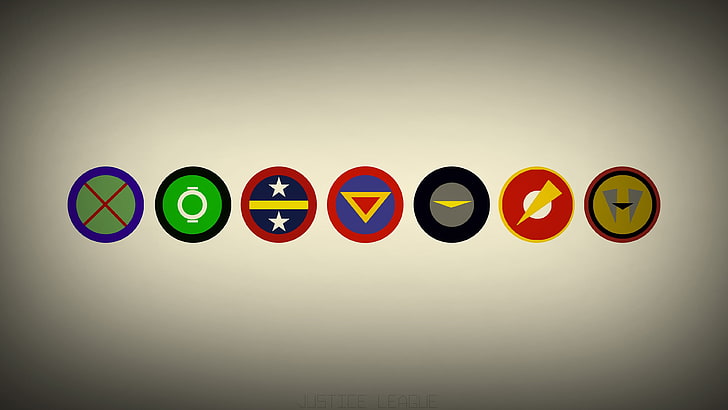 Justice League, Batman, Wonder Woman, Aquaman, The Flash, Superman, Lanterna Verde, Martian Manhunter, DC Comics, supereroe, logo, minimalismo, sfondo beige, Sfondo HD