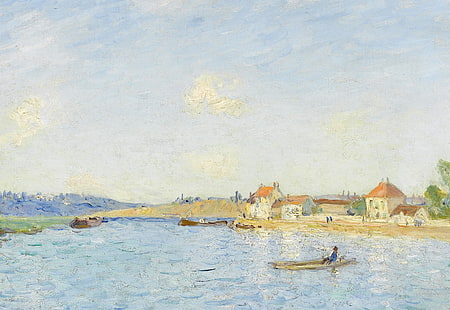 пейзаж, река, лодка, дома, картина, Альфред Сислей, Сен-Мамес, HD обои HD wallpaper