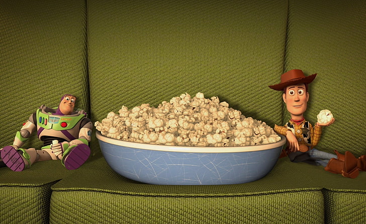 Toy Story HD Wallpaper, two Sheriff Woody and Light Buzzyear toys, Cartoons, Toy Story, Woody, movies, animated movie, cinema, toy story 3d, popcorn, buzz lightyear, buzz lightyear and woody, HD wallpaper