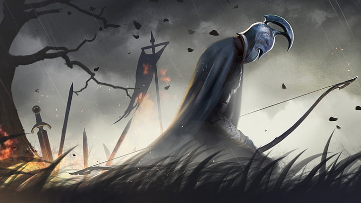 kneeling knight on grass holding bow digital wallpaper, fantasy art, warrior, war, elven, HD wallpaper
