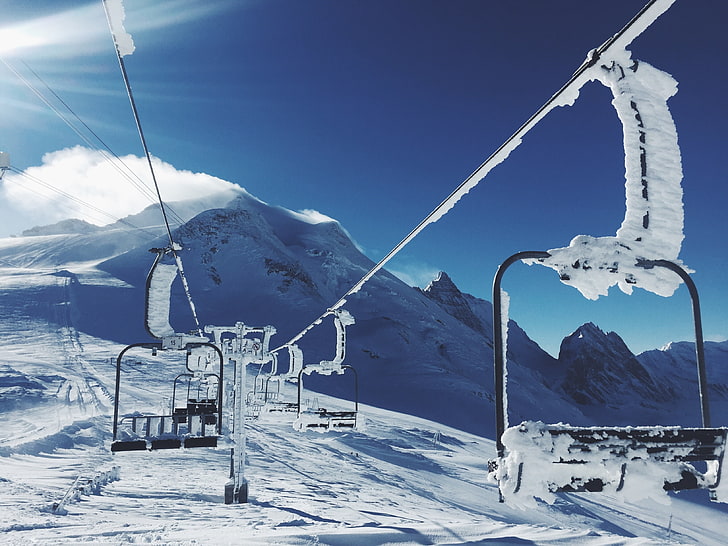 black ski lift, ski lift, mountains, snow, HD wallpaper