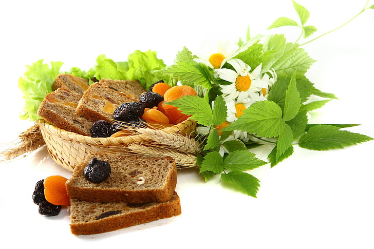 baked breads, dried, fruit, bread basket, twigs, flowers, leaves, stalks, white background, HD wallpaper