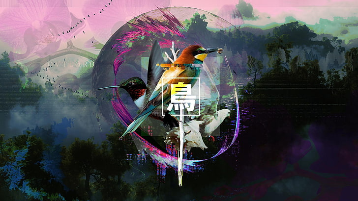 ilustrasi burung kolibri beraneka warna, vaporwave, burung, hutan, kanji, karakter Cina, Wallpaper HD