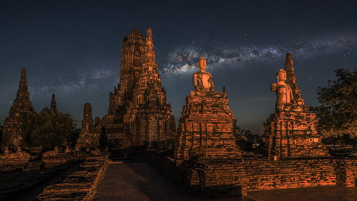 храм, Тайланд, ayutthaya исторически парк, будистки храм, звезди, звезден, wat chaiwatthanaram, облак, сграда, вечер, небе, звездно небе, древна история, нощно небе, звездна нощ, млечен път, туристическа атракция, нощ, история, забележителност, HD тапет