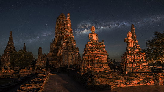 寺院、タイ、アユタヤ歴史公園、仏教寺院、星、星空、ワットチャイワットハナラム、雲、建物、夜、空、星空、古代史、夜空、星空、天の川、観光名所、夜、歴史、ランドマーク、 HDデスクトップの壁紙 HD wallpaper